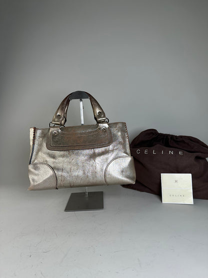 Vintage Celine Leather Satchel Brown Silver