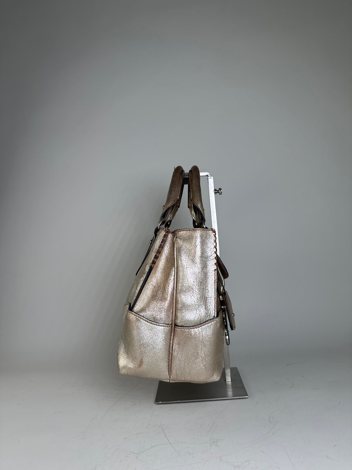 Vintage Celine Leather Satchel Brown Silver