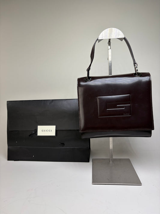 Vintage Gucci Structured Leather Shoulder Bag Dark Brown Silver