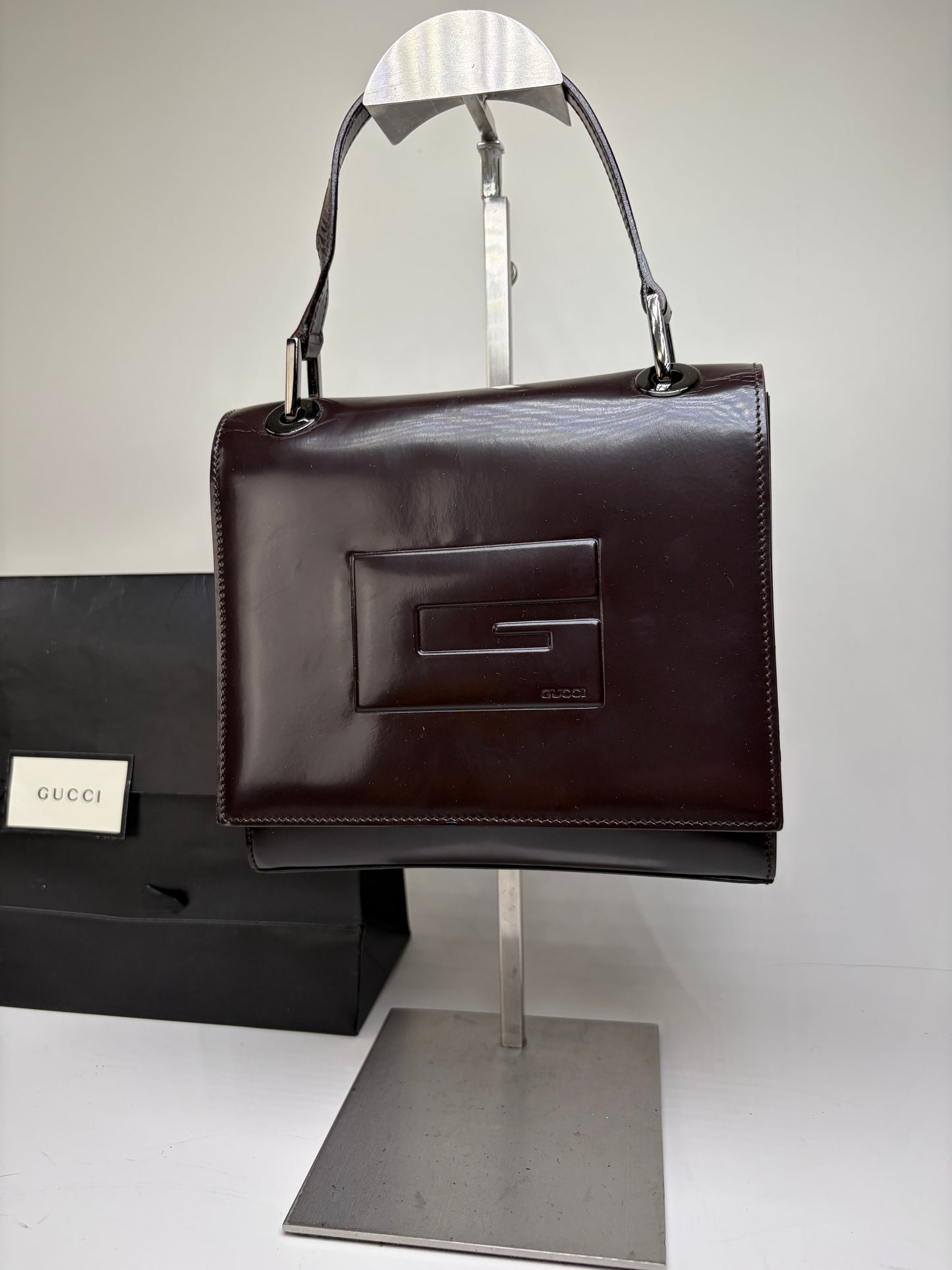 Vintage Gucci Structured Leather Shoulder Bag Dark Brown Silver