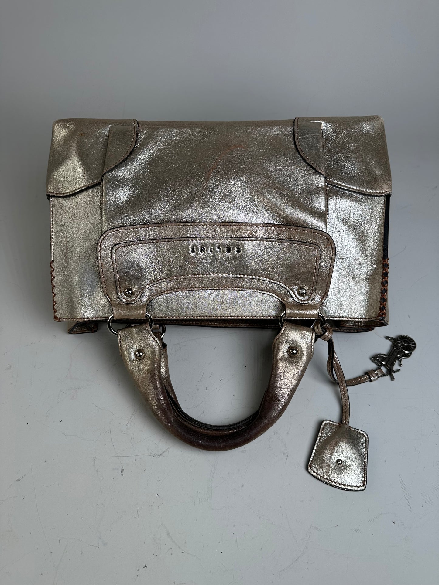 Vintage Celine Leather Satchel Brown Silver