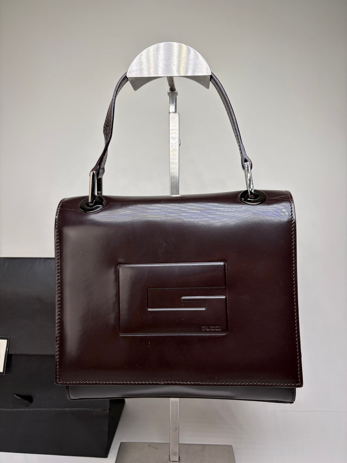 Vintage Gucci Structured Leather Shoulder Bag Dark Brown Silver