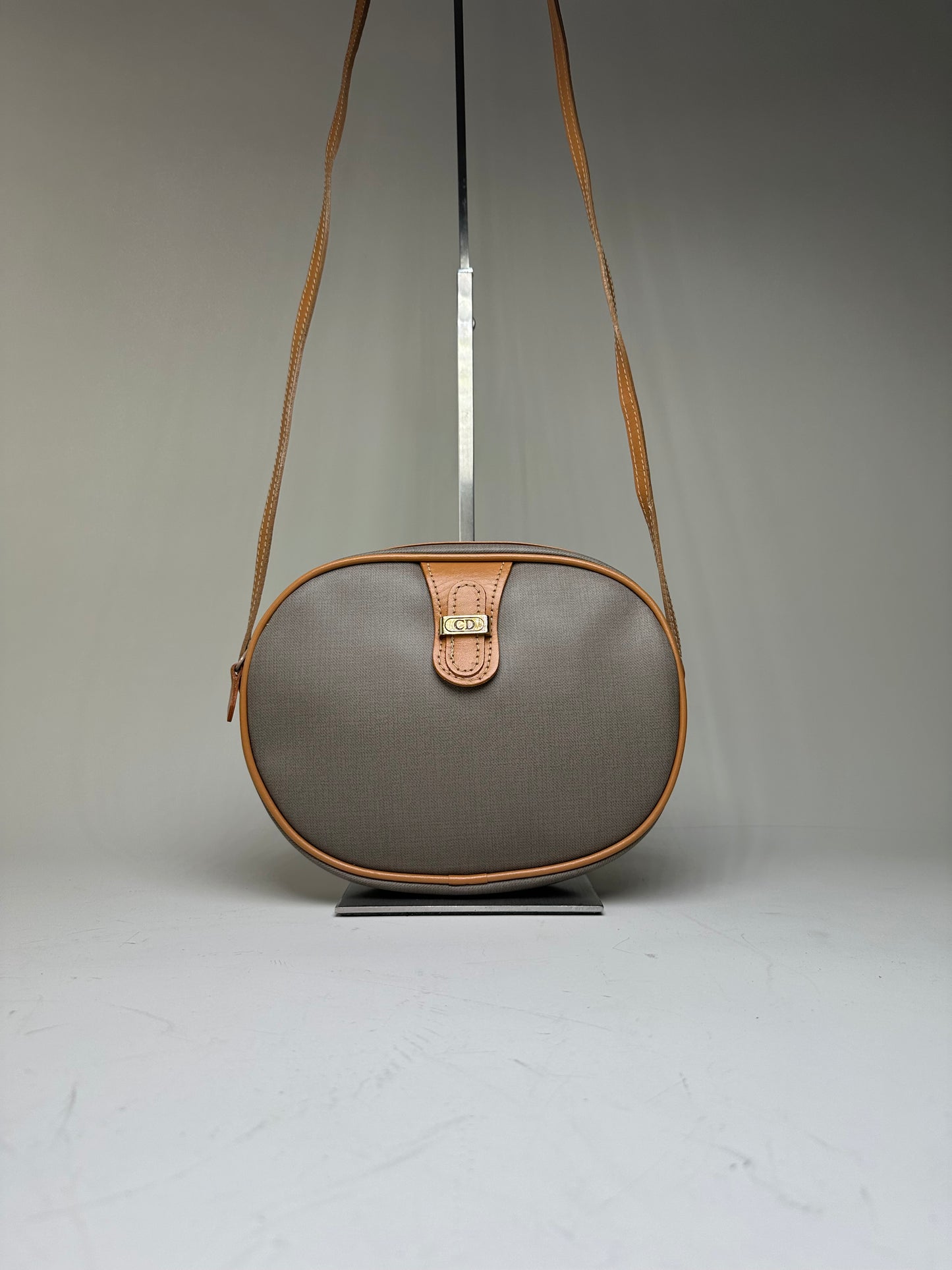 Vintage Dior Canvas Shoulder Bag Gray Tan Gold