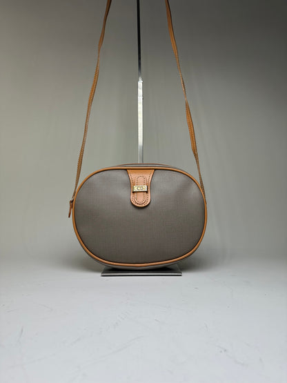 Vintage Dior Canvas Shoulder Bag Gray Tan Gold