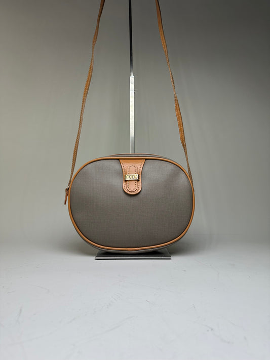 Vintage Dior Canvas Shoulder Bag Gray Tan Gold
