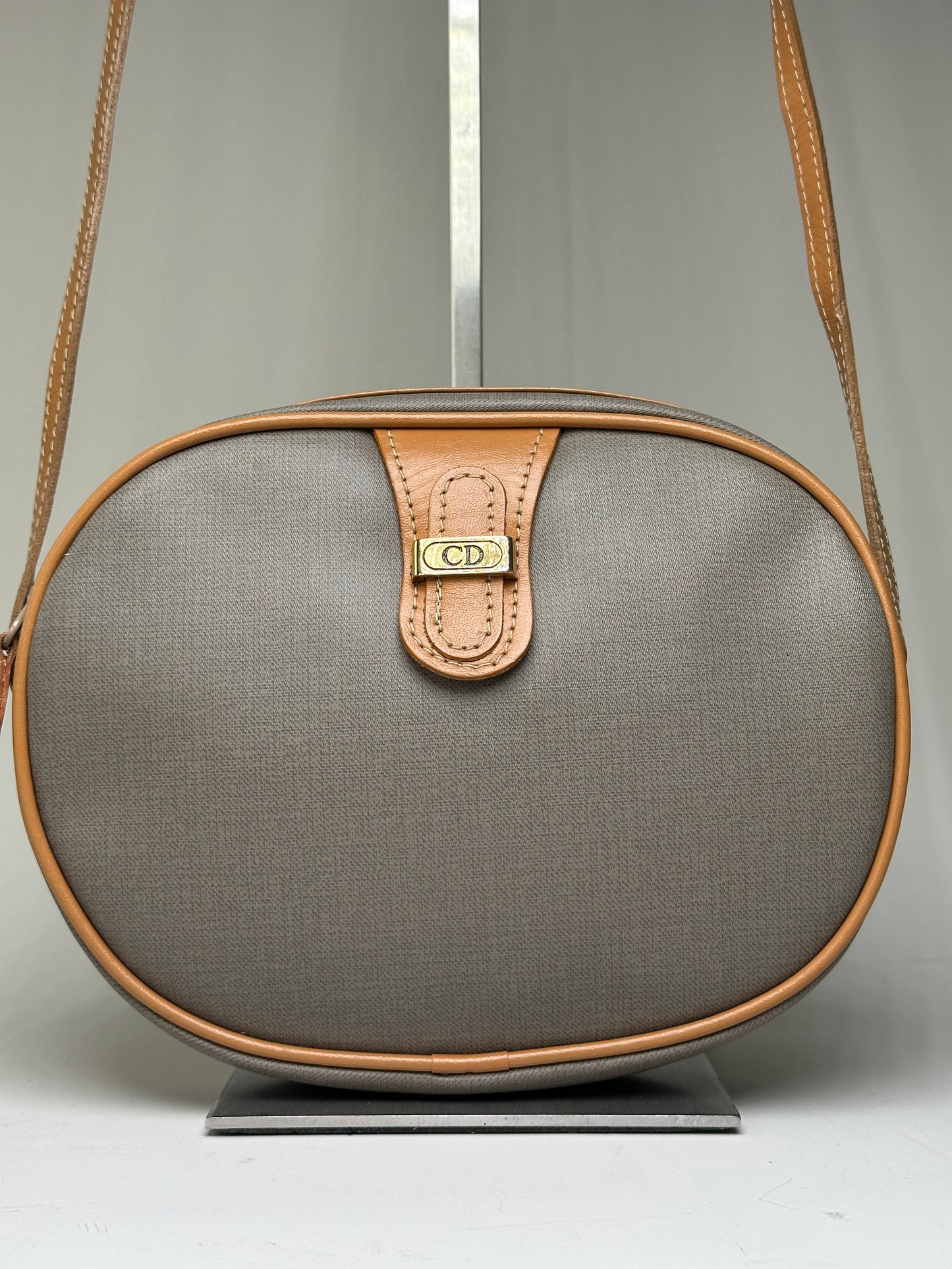 Vintage Dior Canvas Shoulder Bag Gray Tan Gold