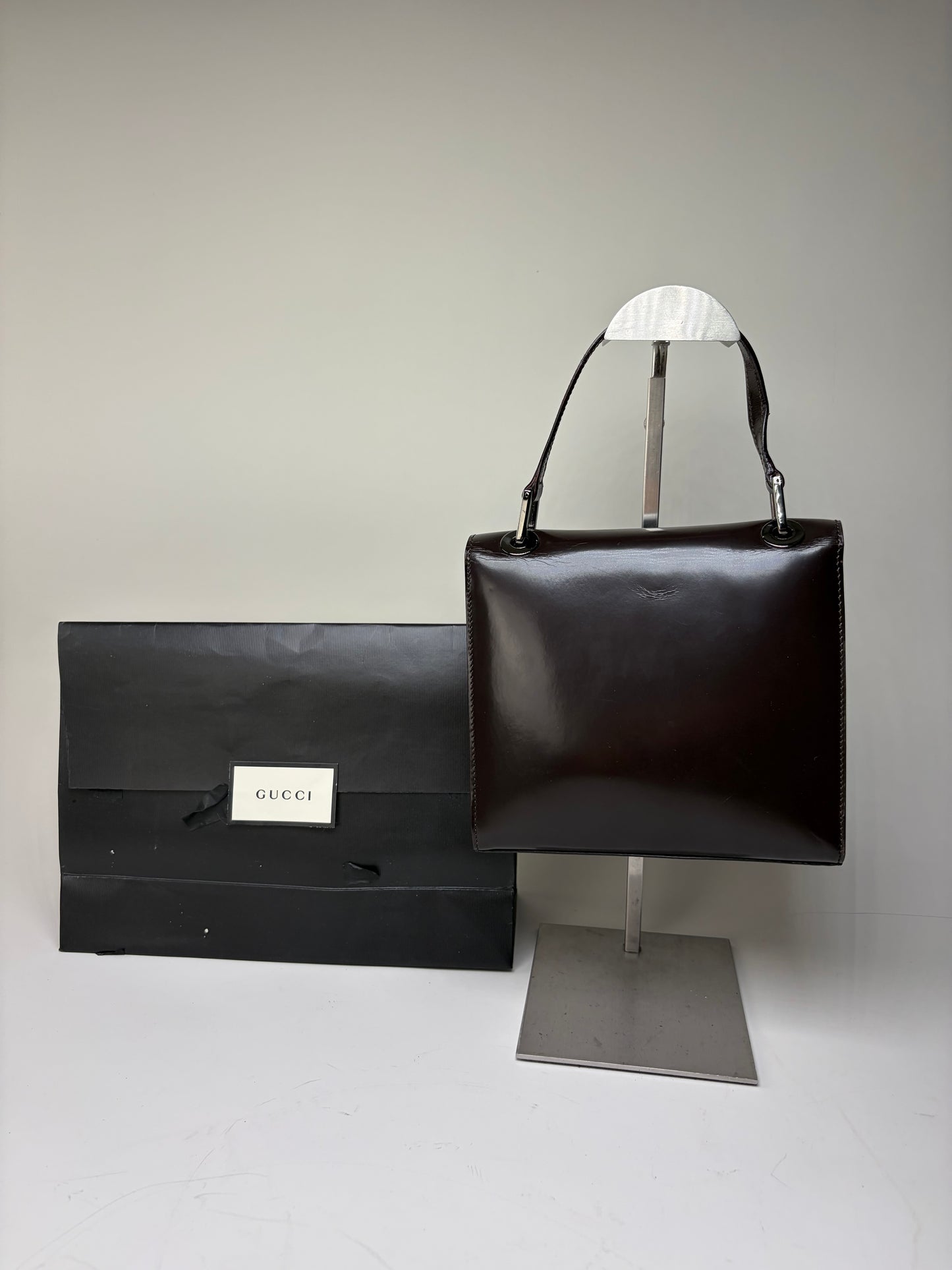 Vintage Gucci Structured Leather Shoulder Bag Dark Brown Silver