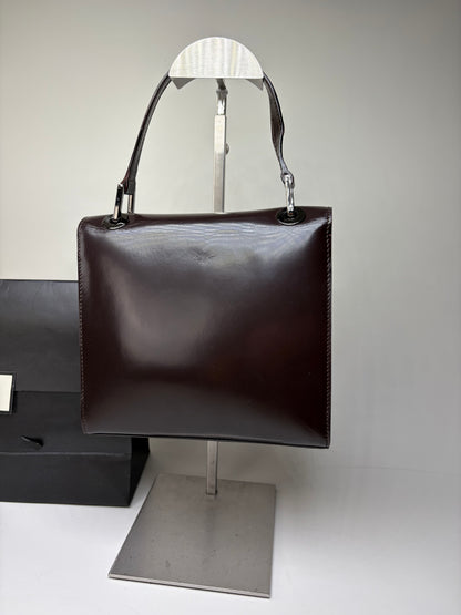 Vintage Gucci Structured Leather Shoulder Bag Dark Brown Silver