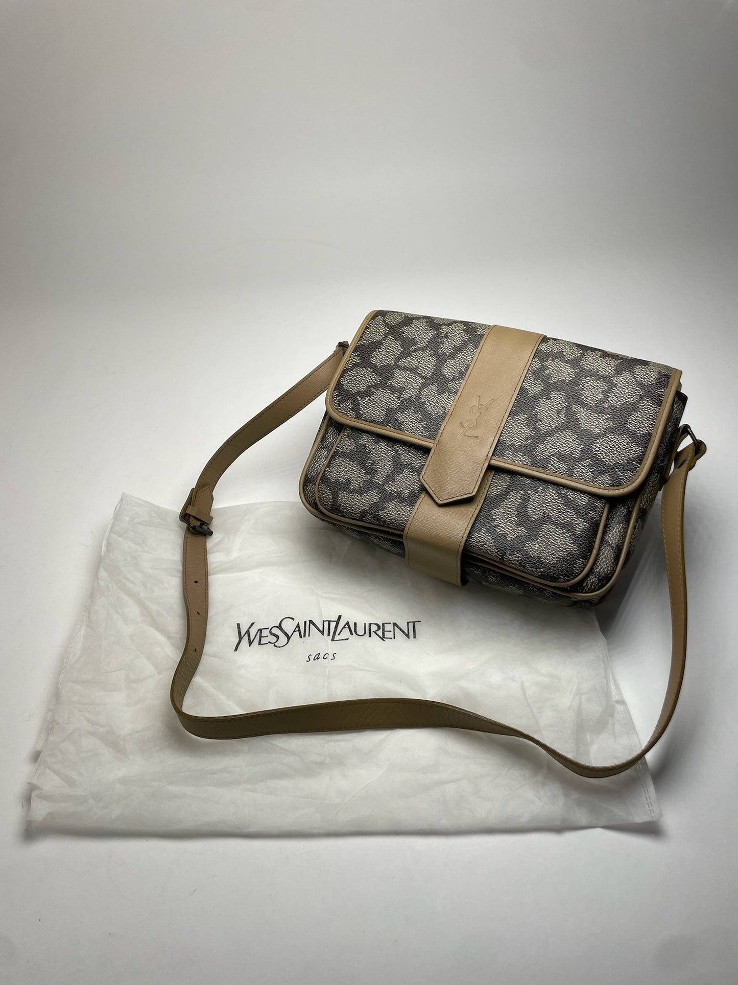 Vintage Yves Saint Laurent Stone Emblossed Leather Shoulder Bag Grey Black Brown