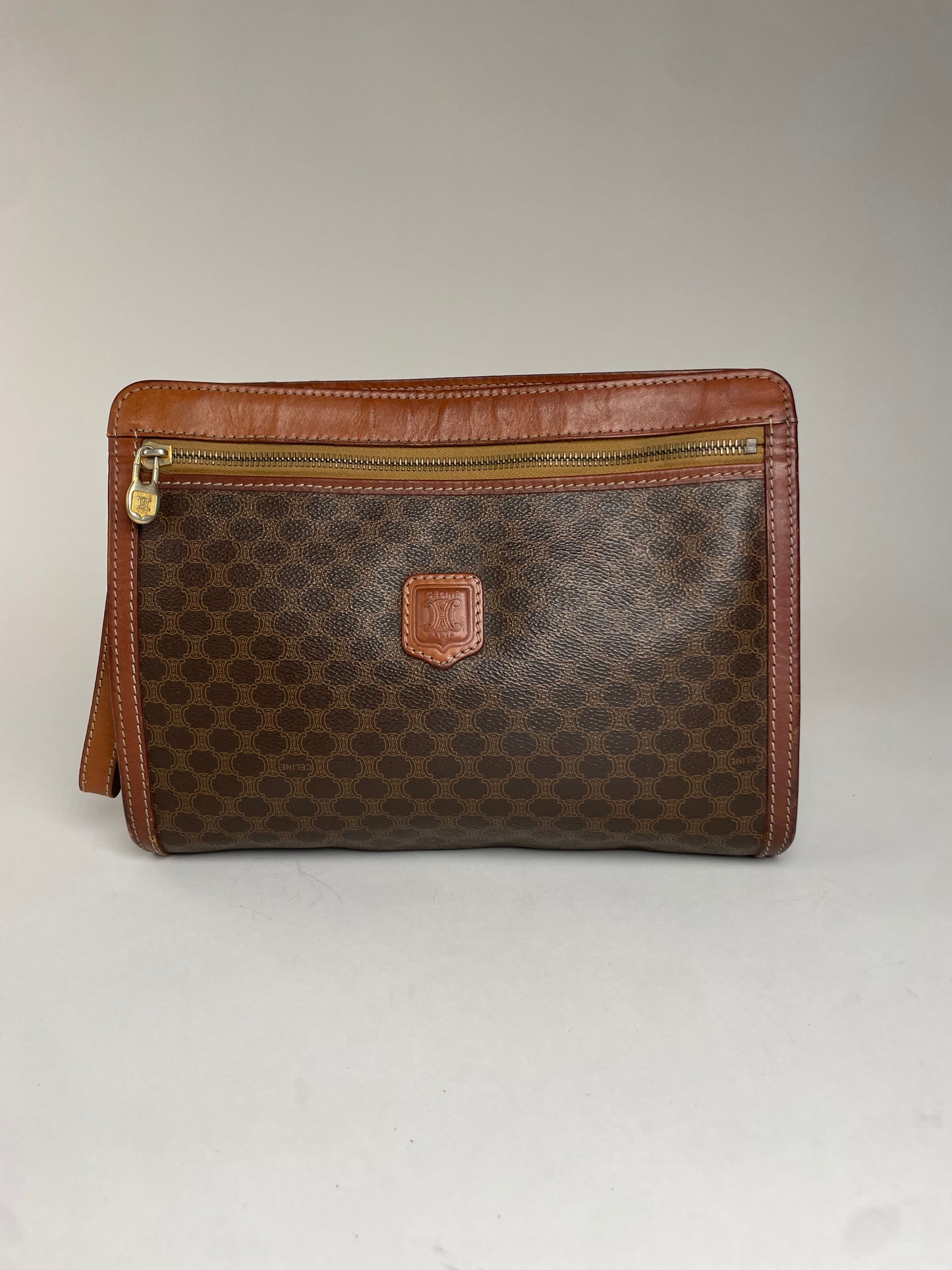 Vintage Celine Triomphe Monogram Leather Clutch Brown
