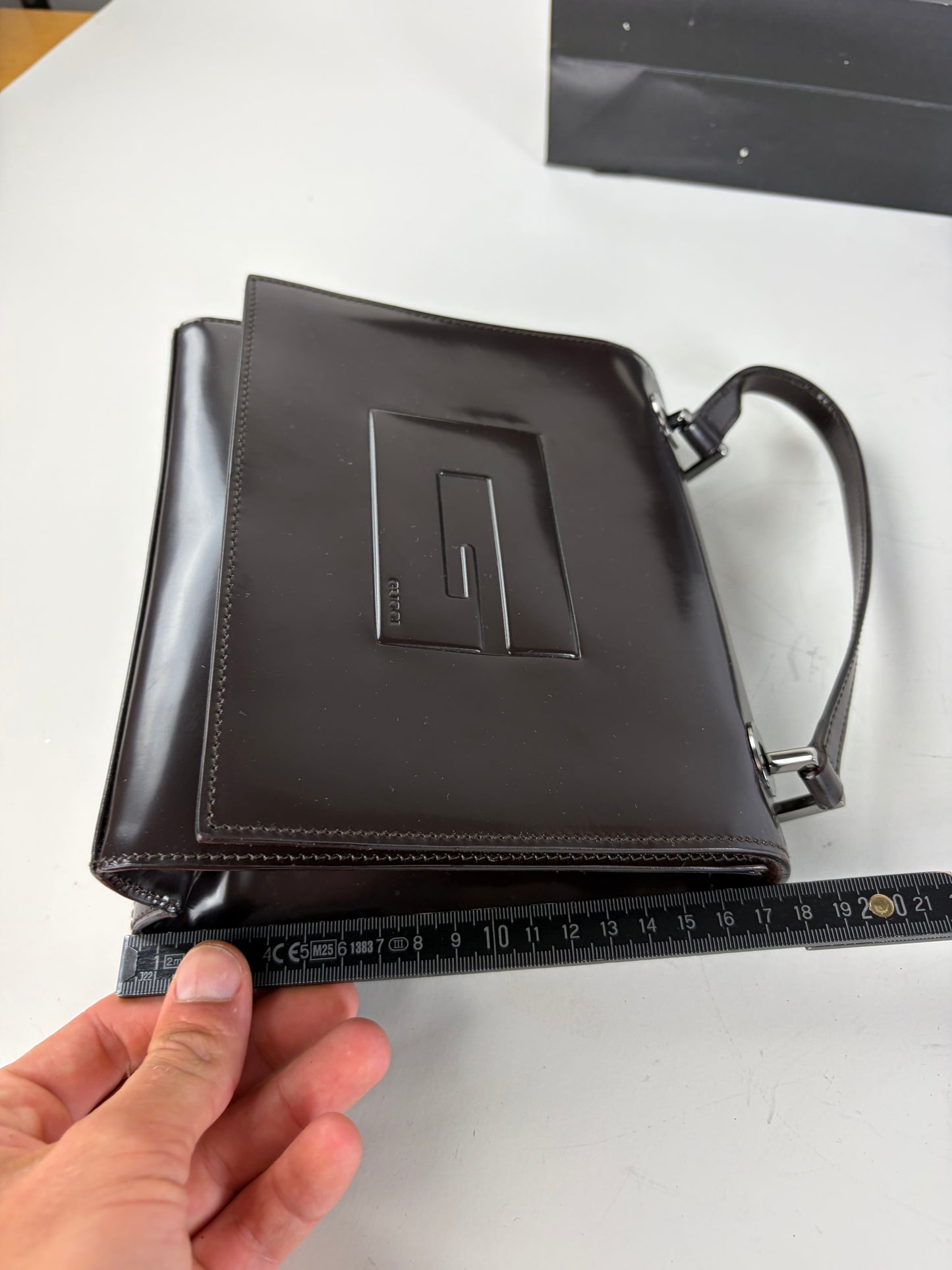 Vintage Gucci Structured Leather Shoulder Bag Dark Brown Silver