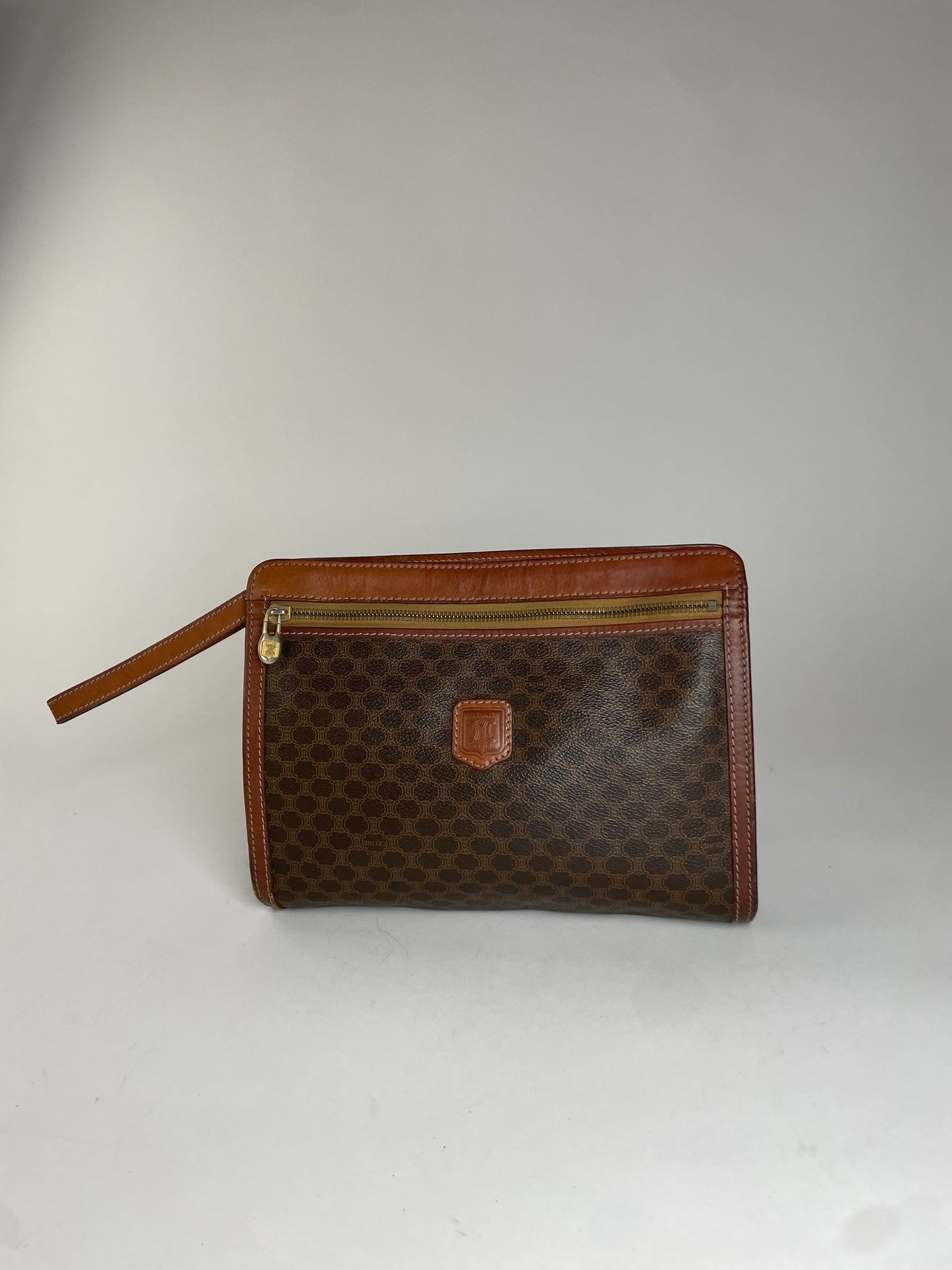 Vintage Celine Triomphe Monogram Leather Clutch Brown