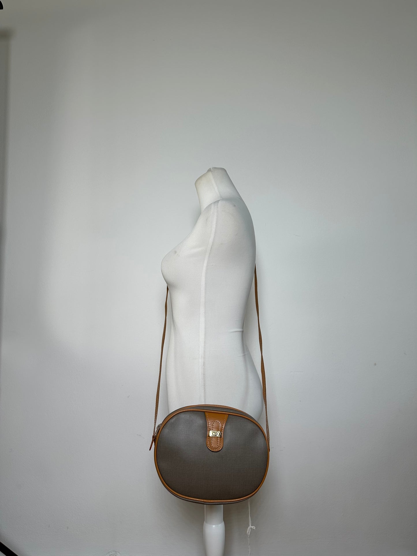 Vintage Dior Canvas Shoulder Bag Gray Tan Gold