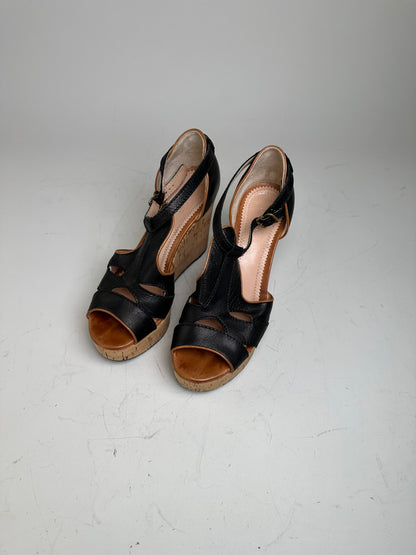 Vintage Chloe Leather Cork Wedge Sandals Black EU38