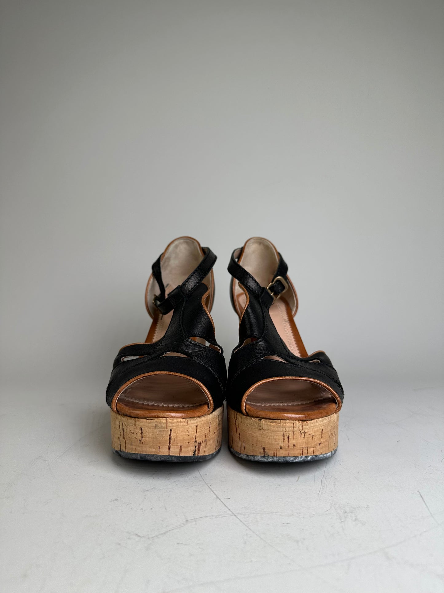Vintage Chloe Leather Cork Wedge Sandals Black EU38