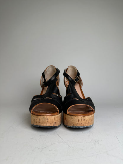 Vintage Chloe Leather Cork Wedge Sandals Black EU38