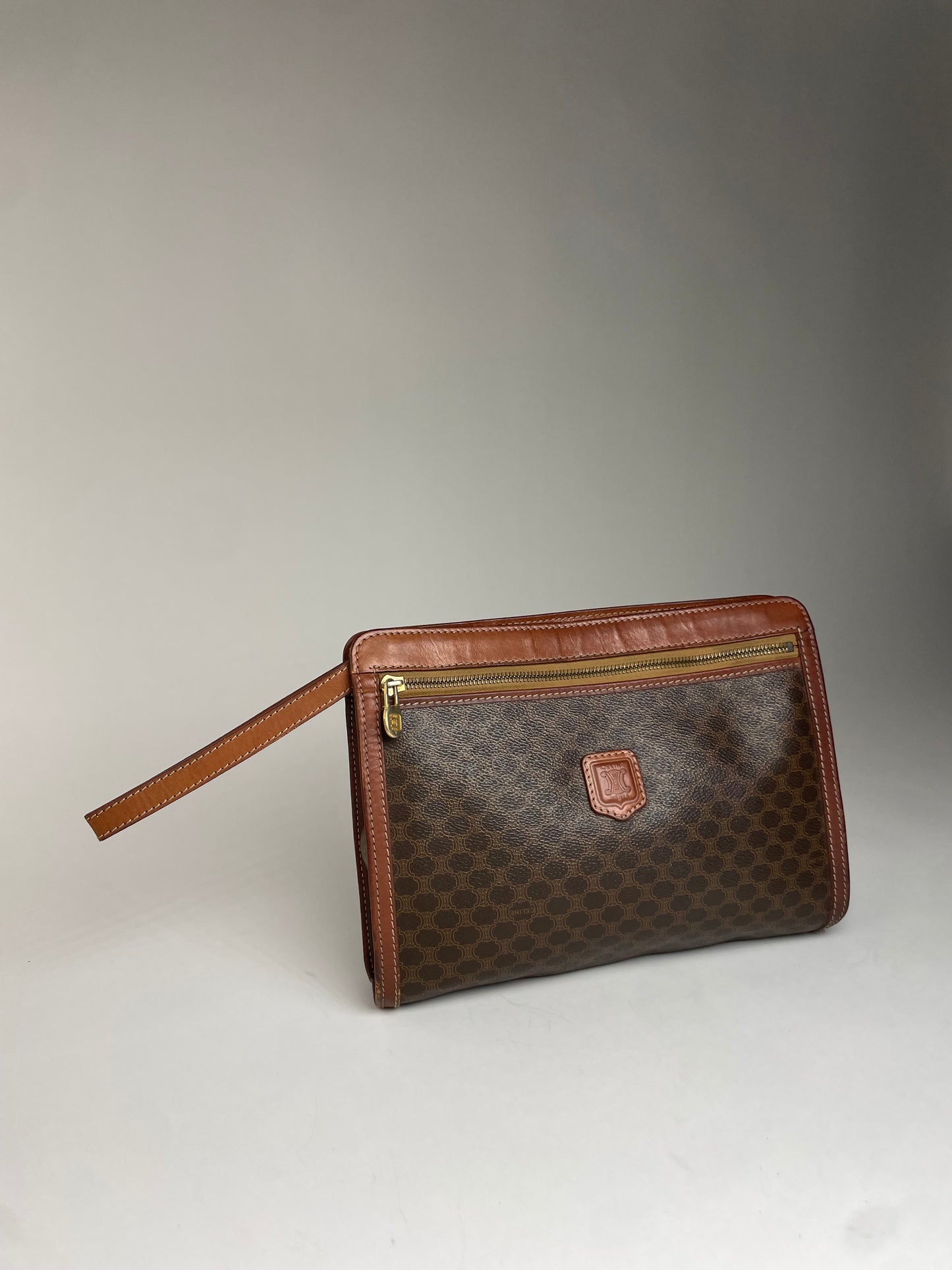 Vintage Celine Triomphe Monogram Leather Clutch Brown