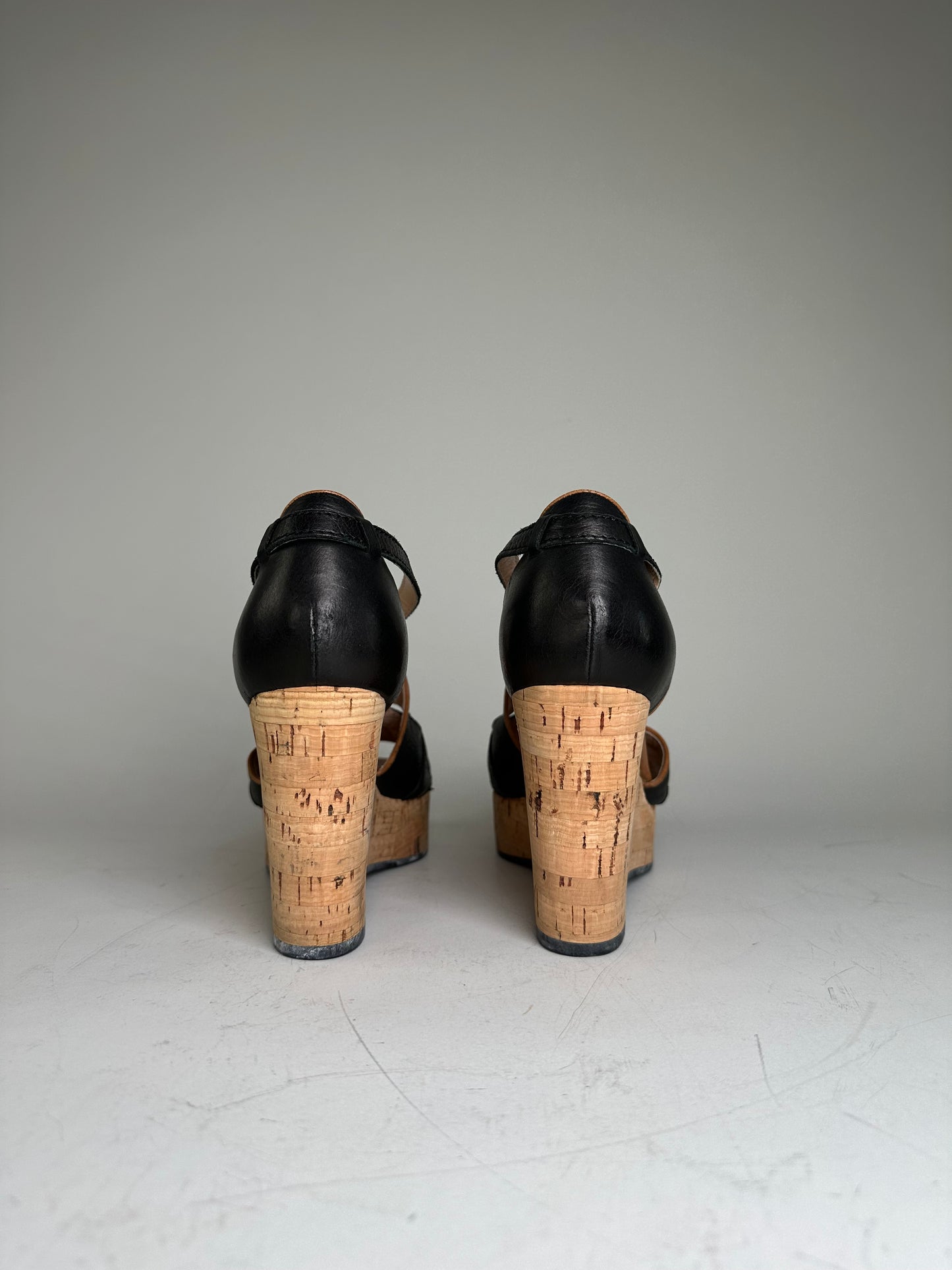 Vintage Chloe Leather Cork Wedge Sandals Black EU38