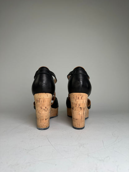 Vintage Chloe Leather Cork Wedge Sandals Black EU38