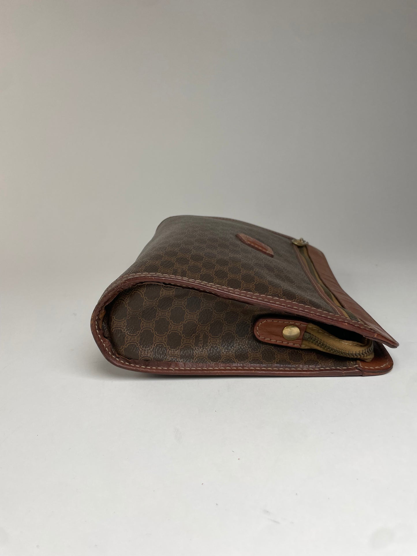 Vintage Celine Triomphe Monogram Leather Clutch Brown