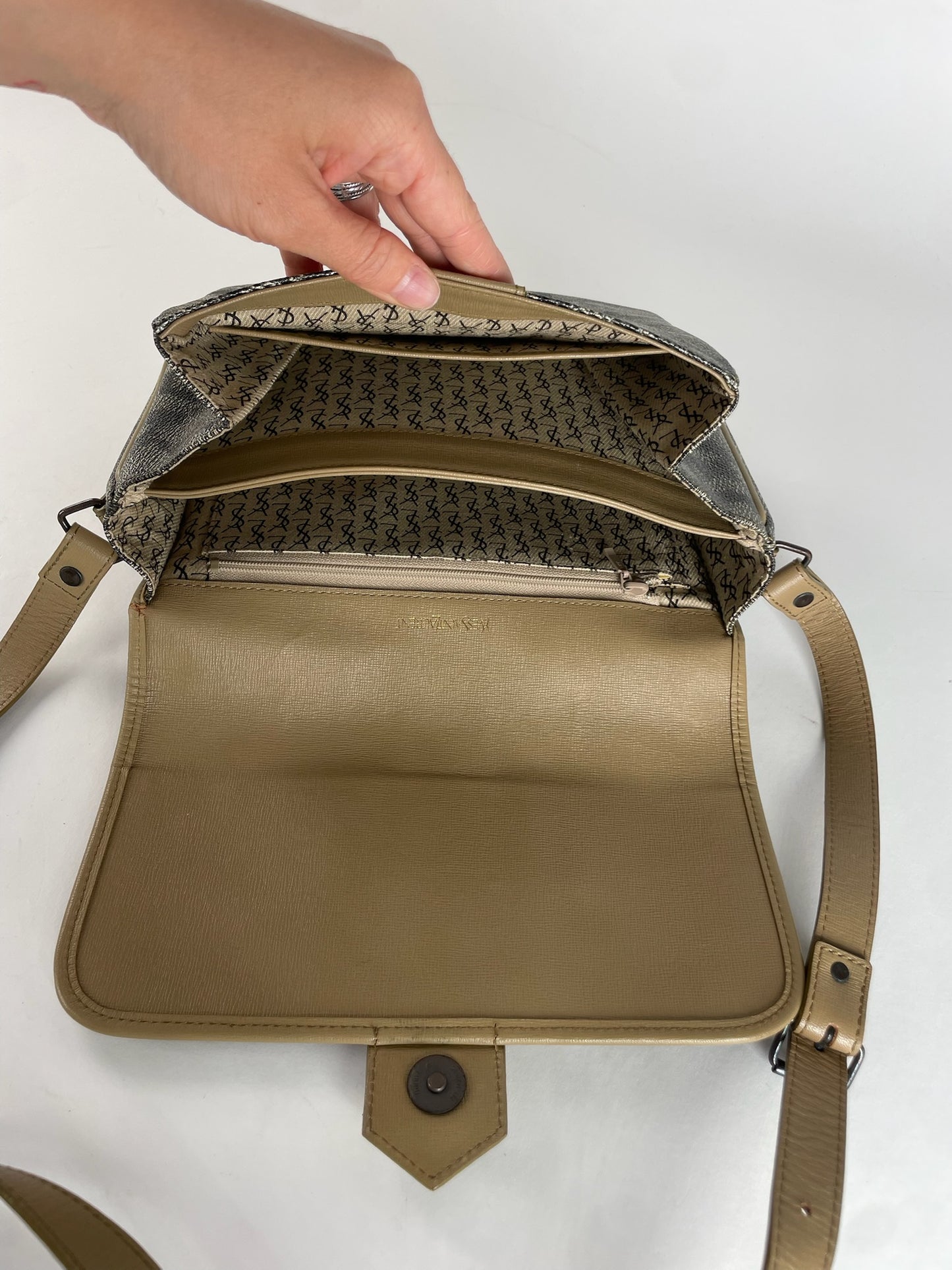 Vintage Yves Saint Laurent Stone Emblossed Leather Shoulder Bag Grey Black Brown