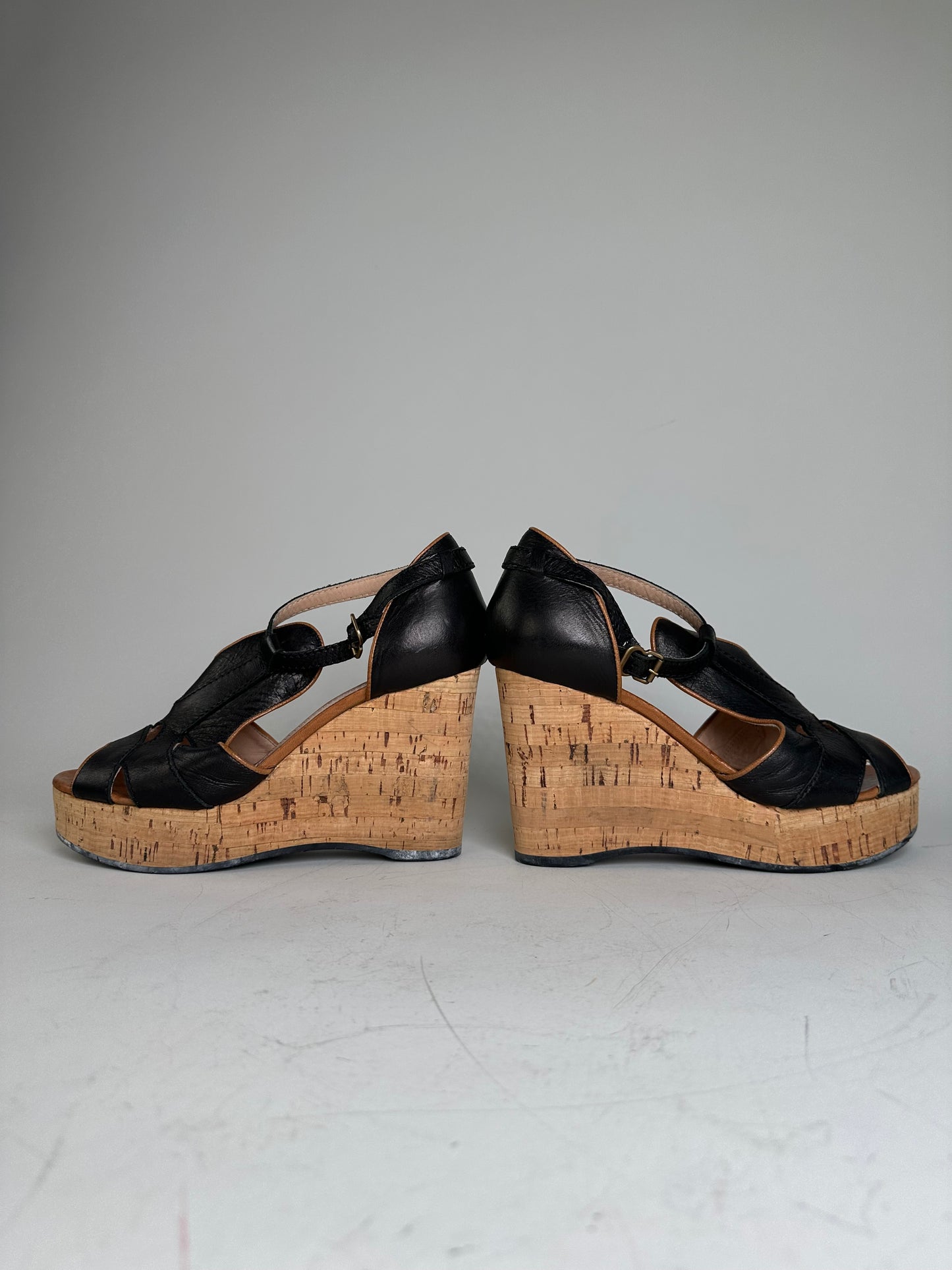 Vintage Chloe Leather Cork Wedge Sandals Black EU38