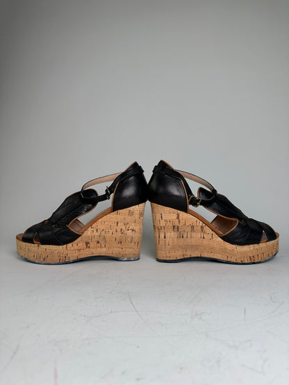 Vintage Chloe Leather Cork Wedge Sandals Black EU38