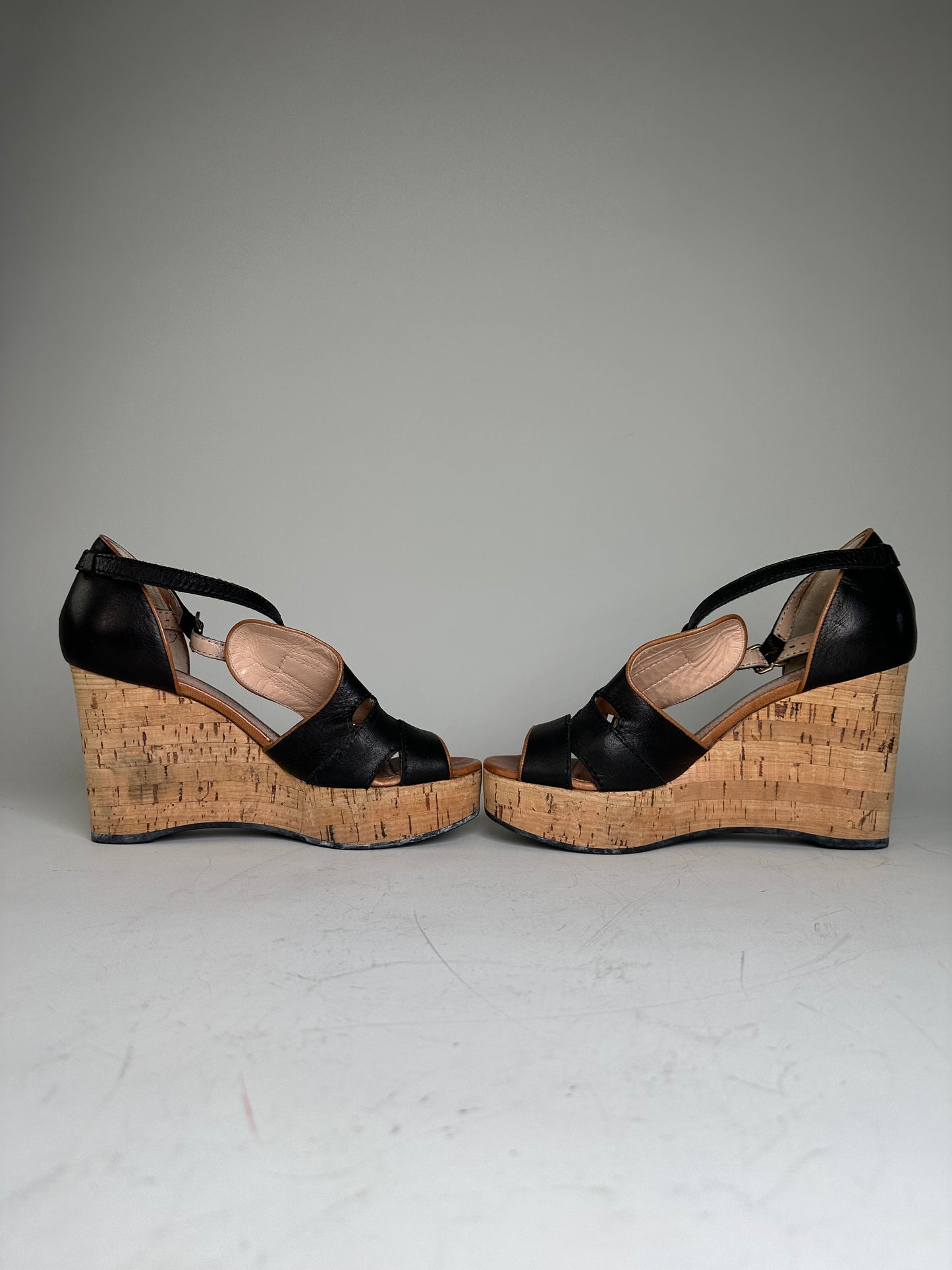 Vintage Chloe Leather Cork Wedge Sandals Black EU38