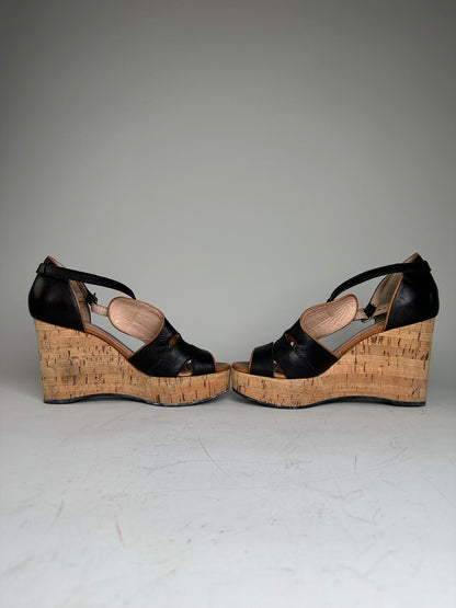 Vintage Chloe Leather Cork Wedge Sandals Black EU38