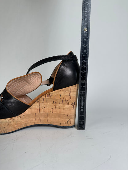 Vintage Chloe Leather Cork Wedge Sandals Black EU38