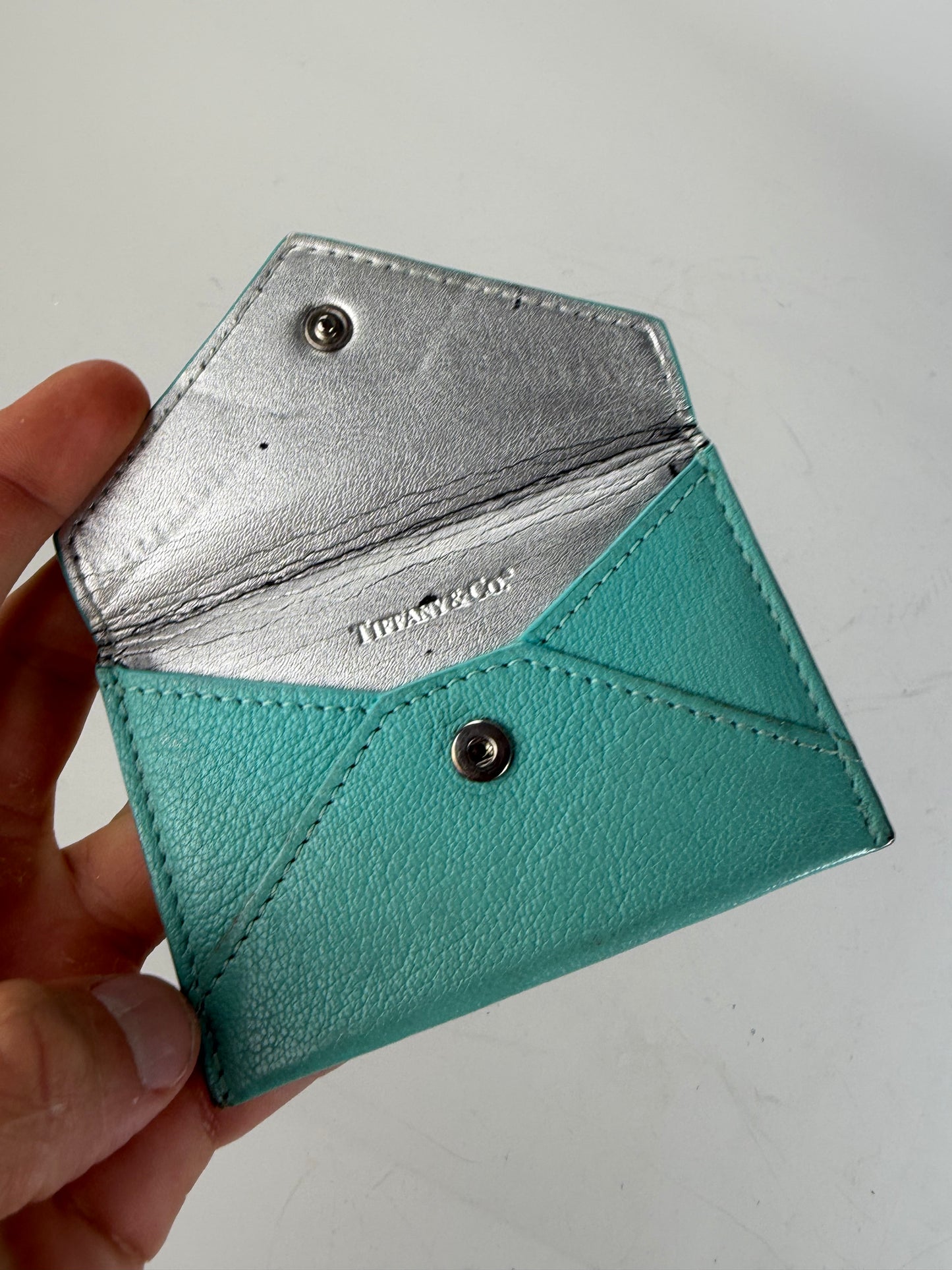 Vintage Tiffany Textured Leather Card Holder Turquoise Silver