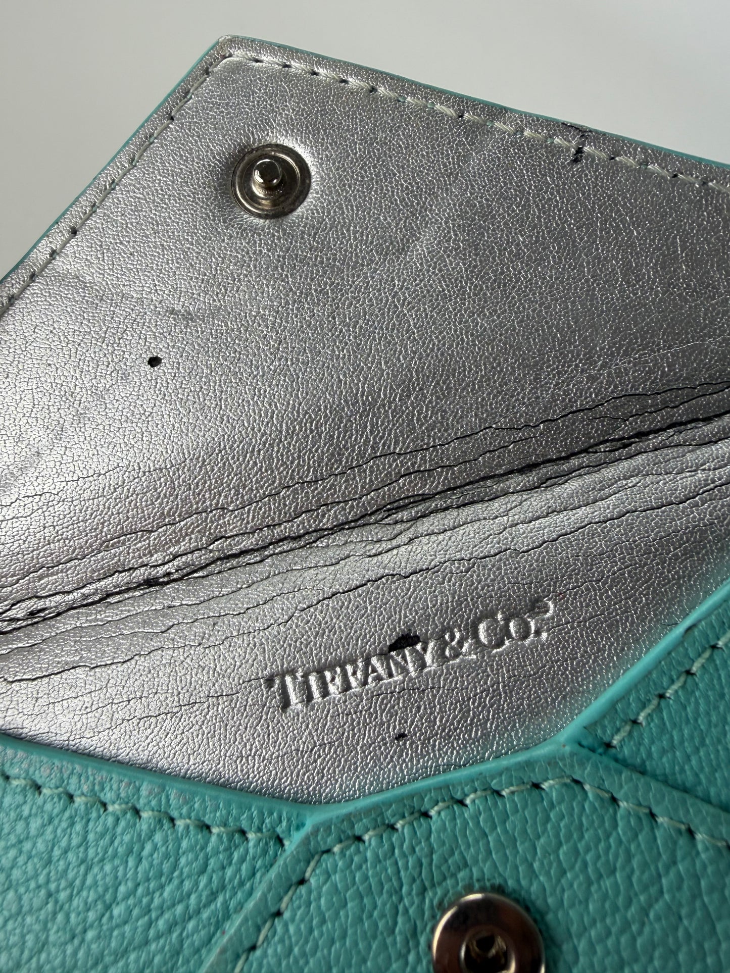 Vintage Tiffany Textured Leather Card Holder Turquoise Silver