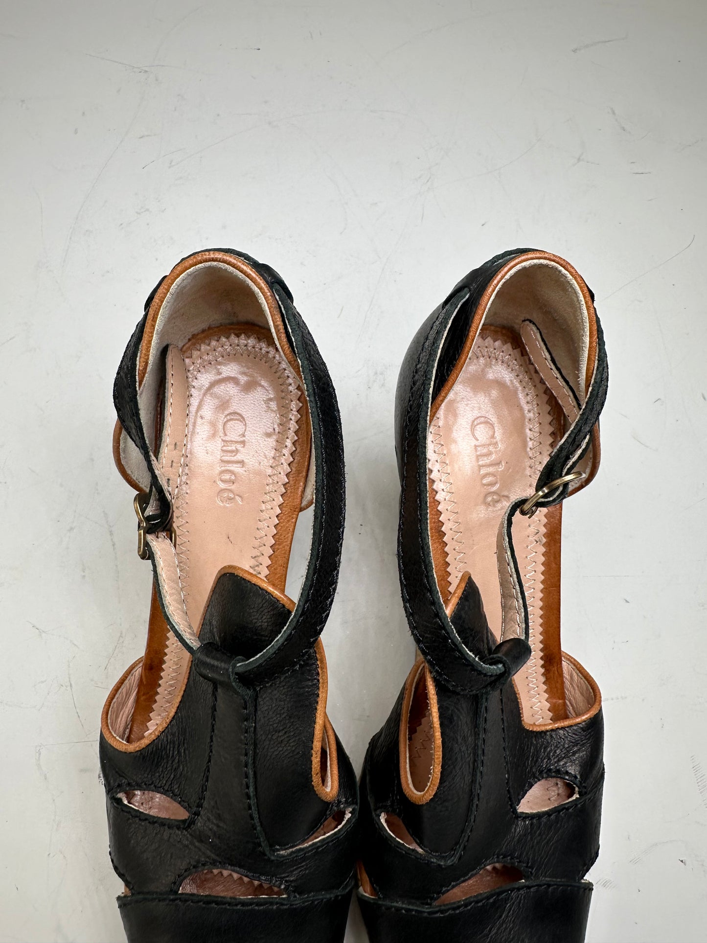 Vintage Chloe Leather Cork Wedge Sandals Black EU38