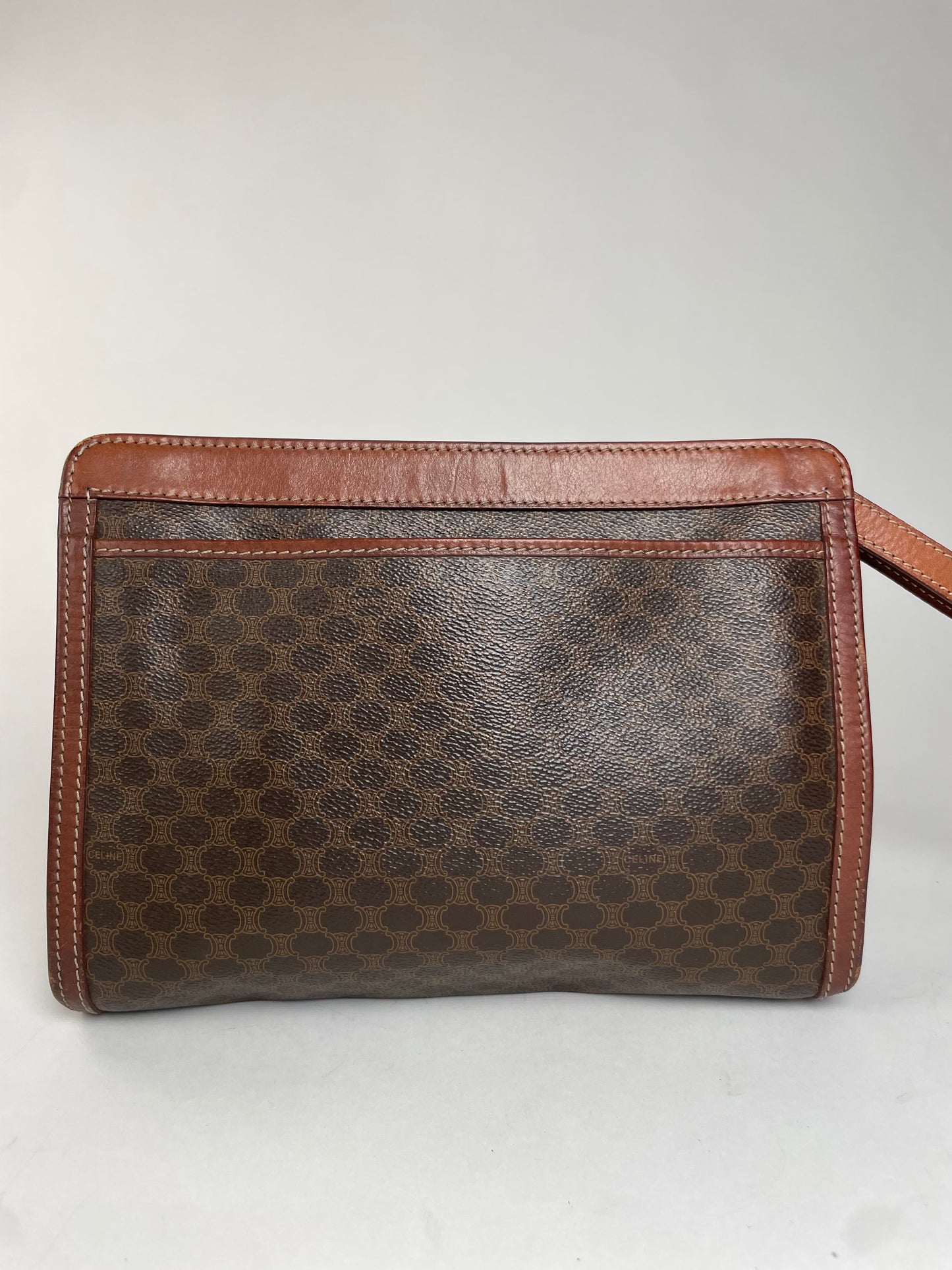Vintage Celine Triomphe Monogram Leather Clutch Brown