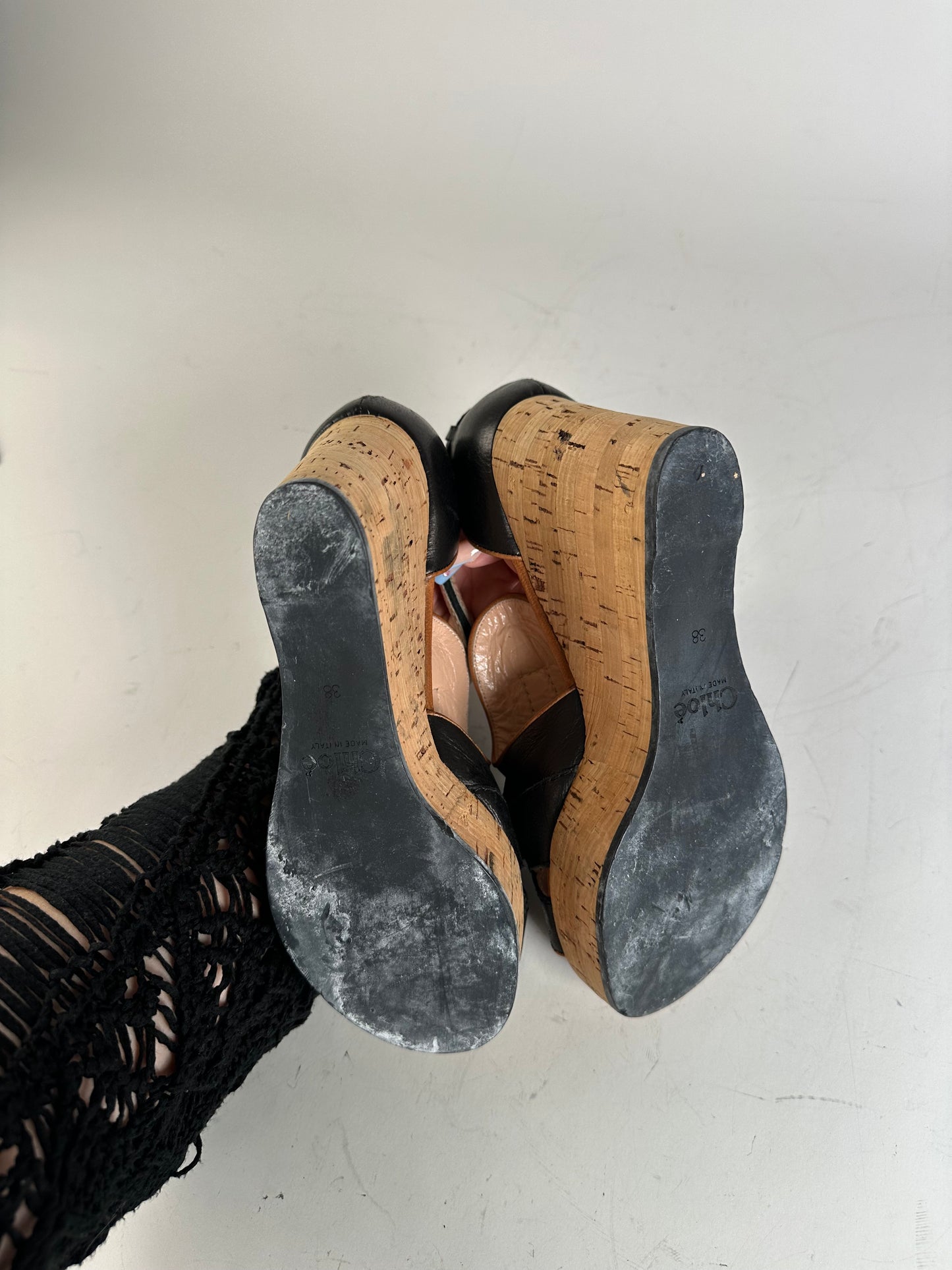 Vintage Chloe Leather Cork Wedge Sandals Black EU38