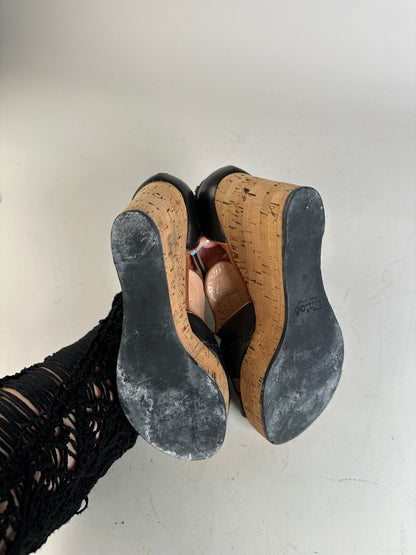 Vintage Chloe Leather Cork Wedge Sandals Black EU38