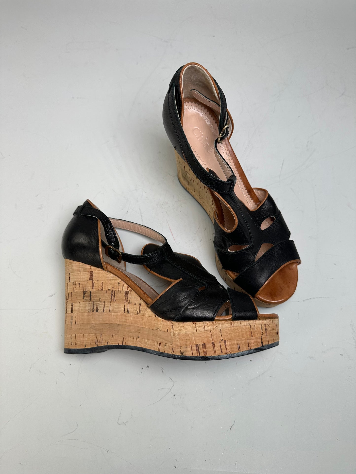 Vintage Chloe Leather Cork Wedge Sandals Black EU38
