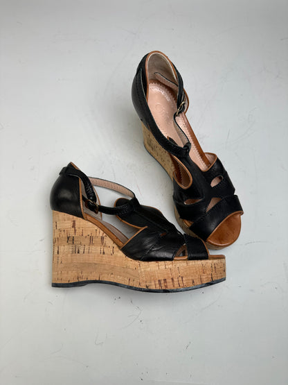 Vintage Chloe Leather Cork Wedge Sandals Black EU38