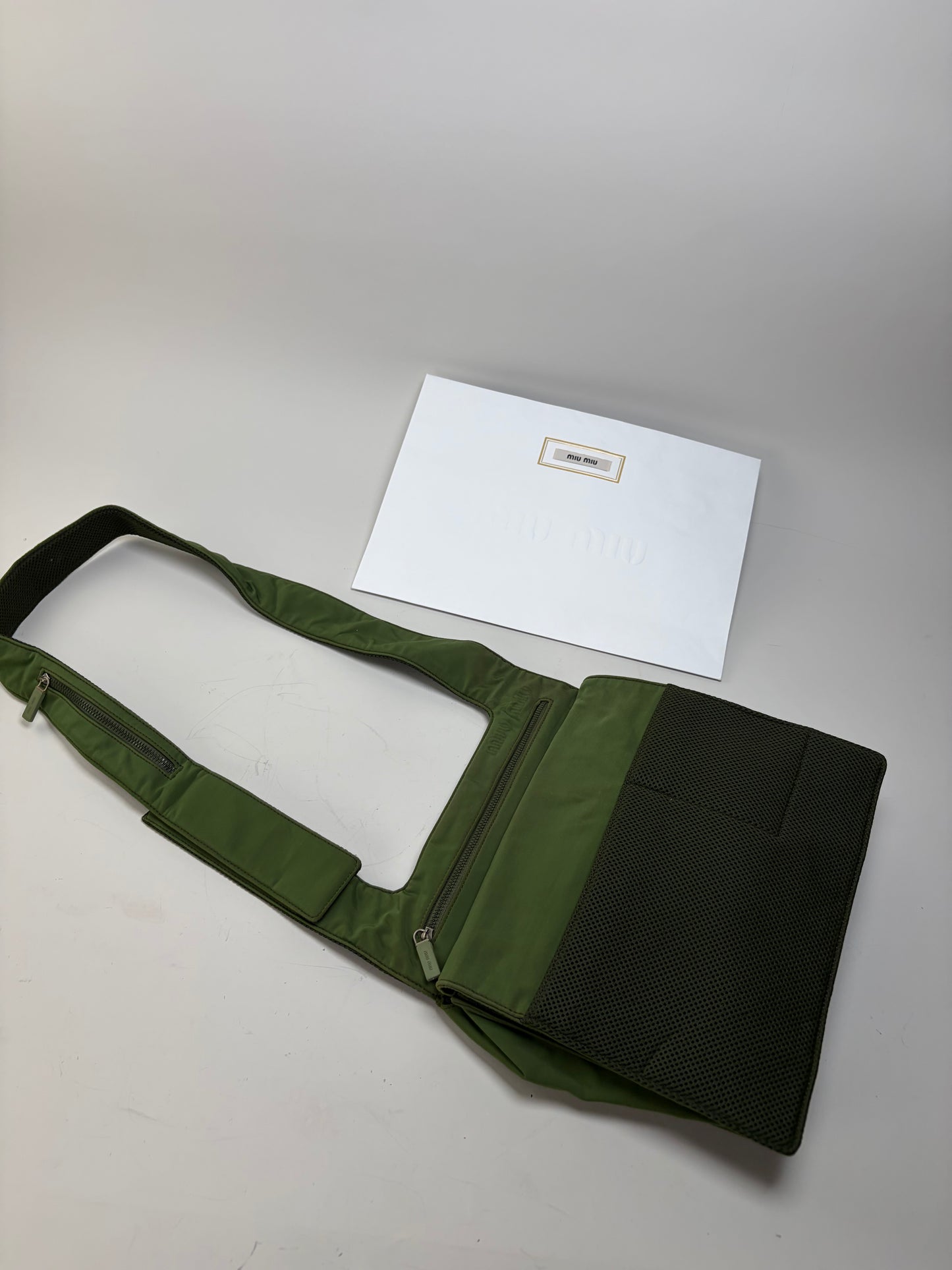 Vintage Miu Miu Mesh Nylon Shoulder Bag Olive Green Silver