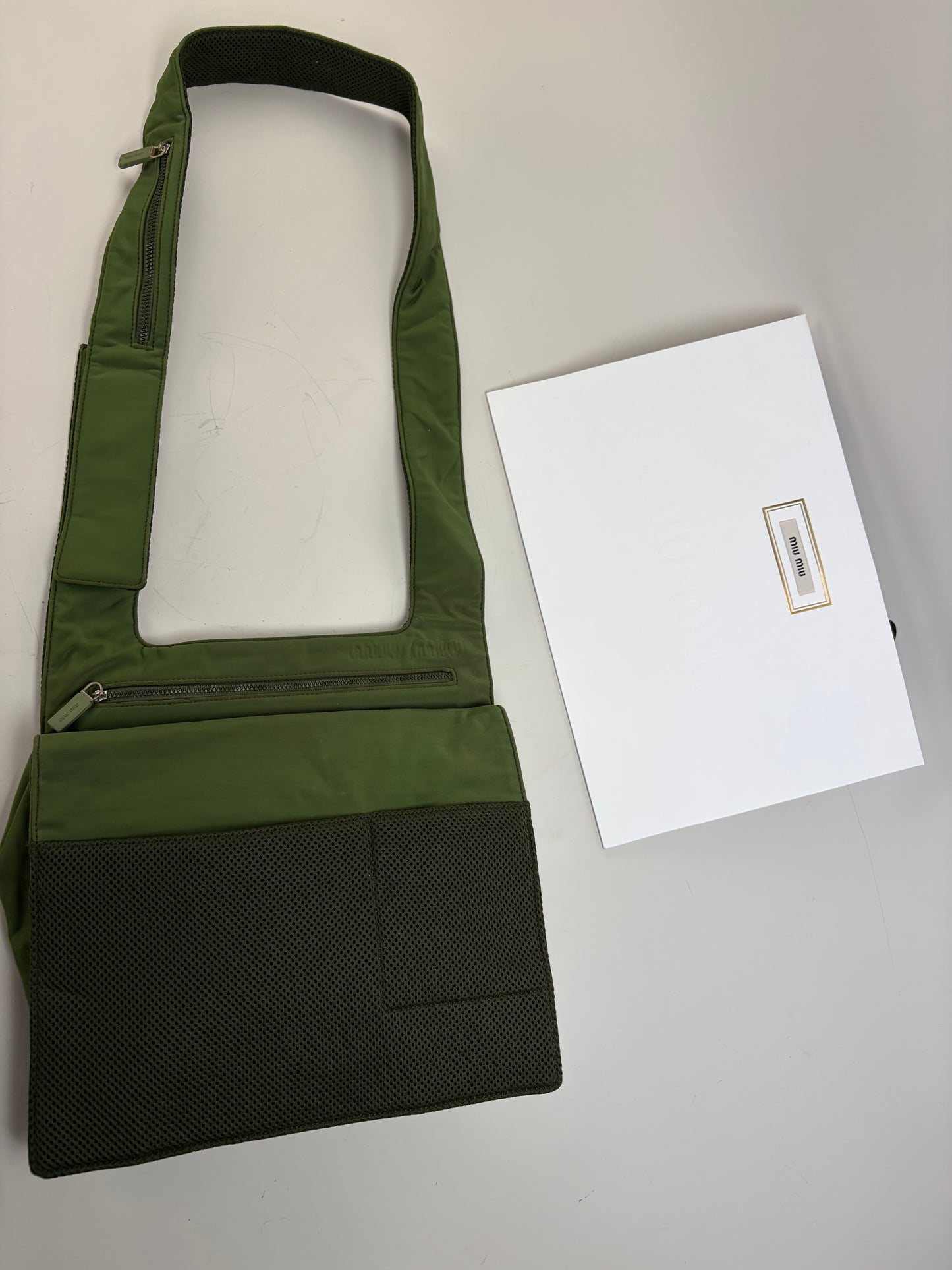 Vintage Miu Miu Mesh Nylon Shoulder Bag Olive Green Silver