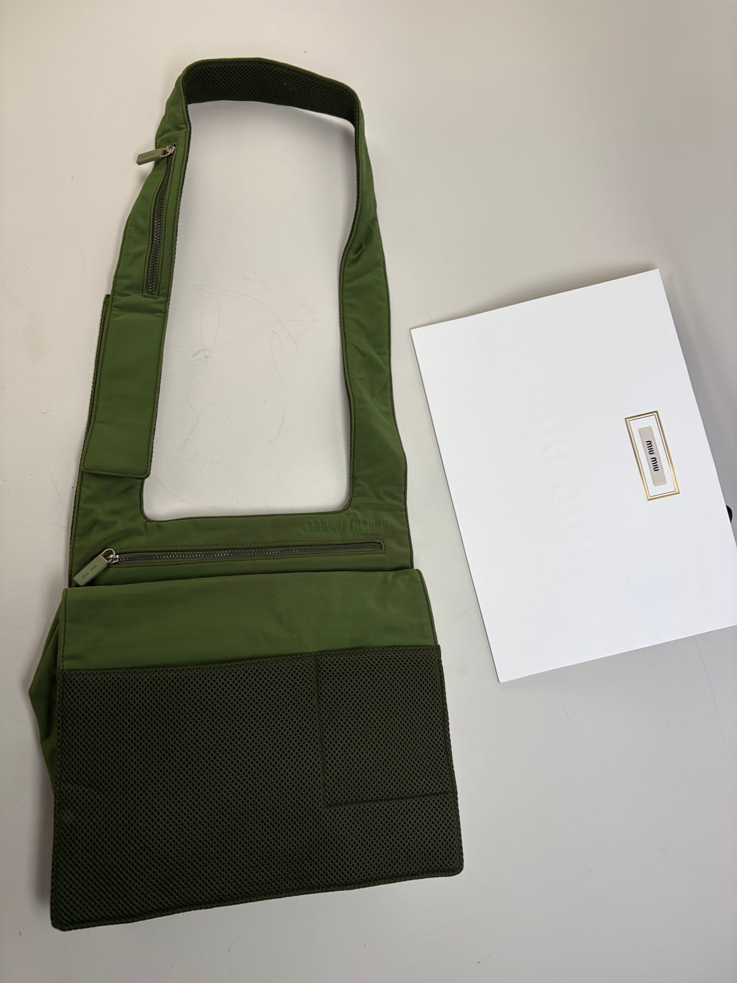 Vintage Miu Miu Mesh Nylon Shoulder Bag Olive Green Silver