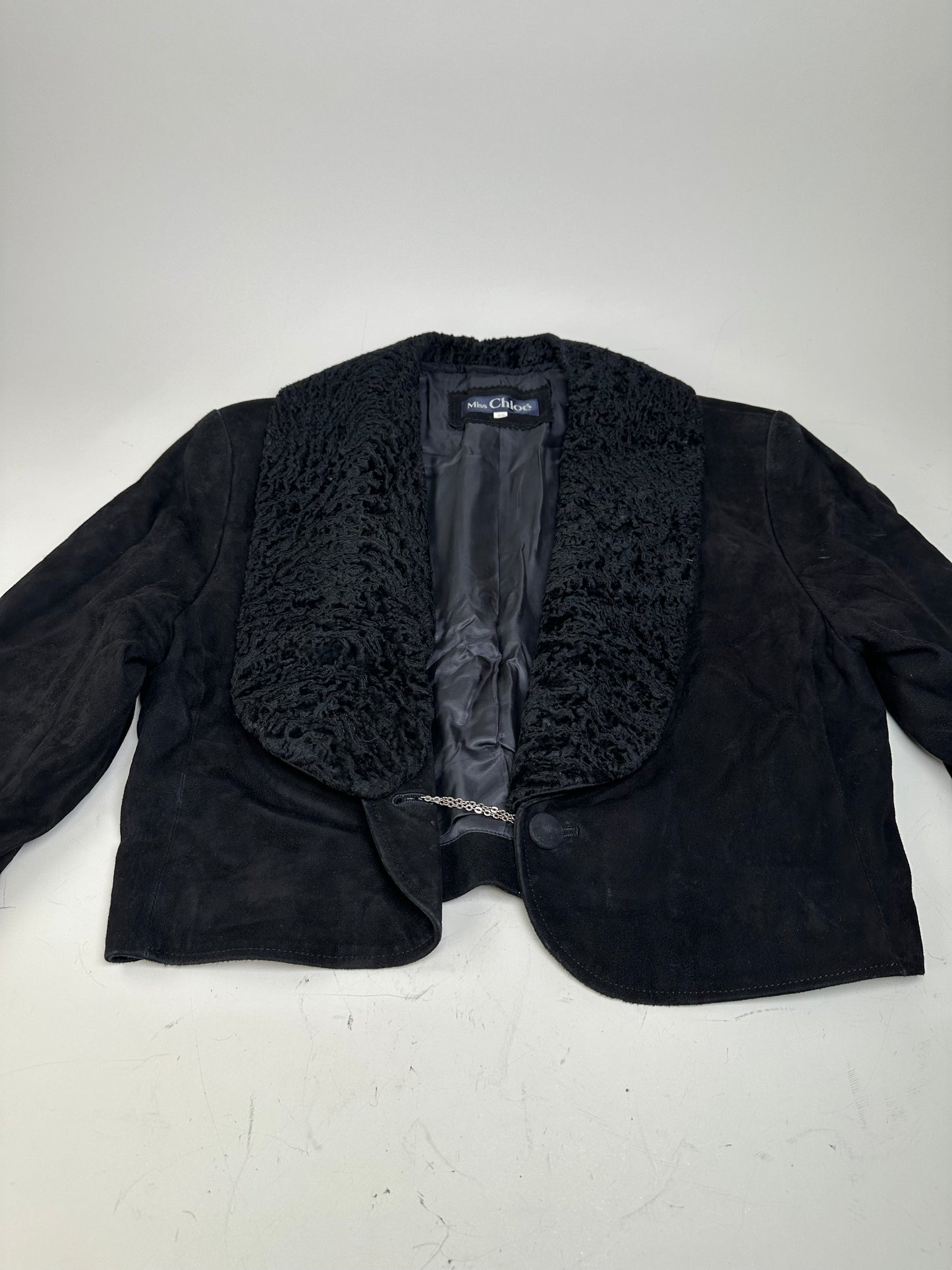 Vintage Chloe Suede Jacket Faux Fur Collar Black L