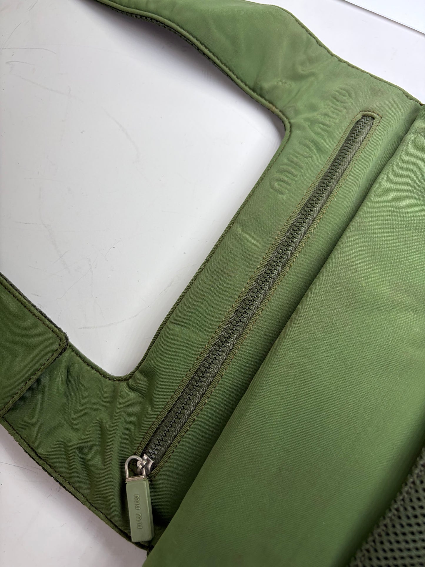 Vintage Miu Miu Mesh Nylon Shoulder Bag Olive Green Silver