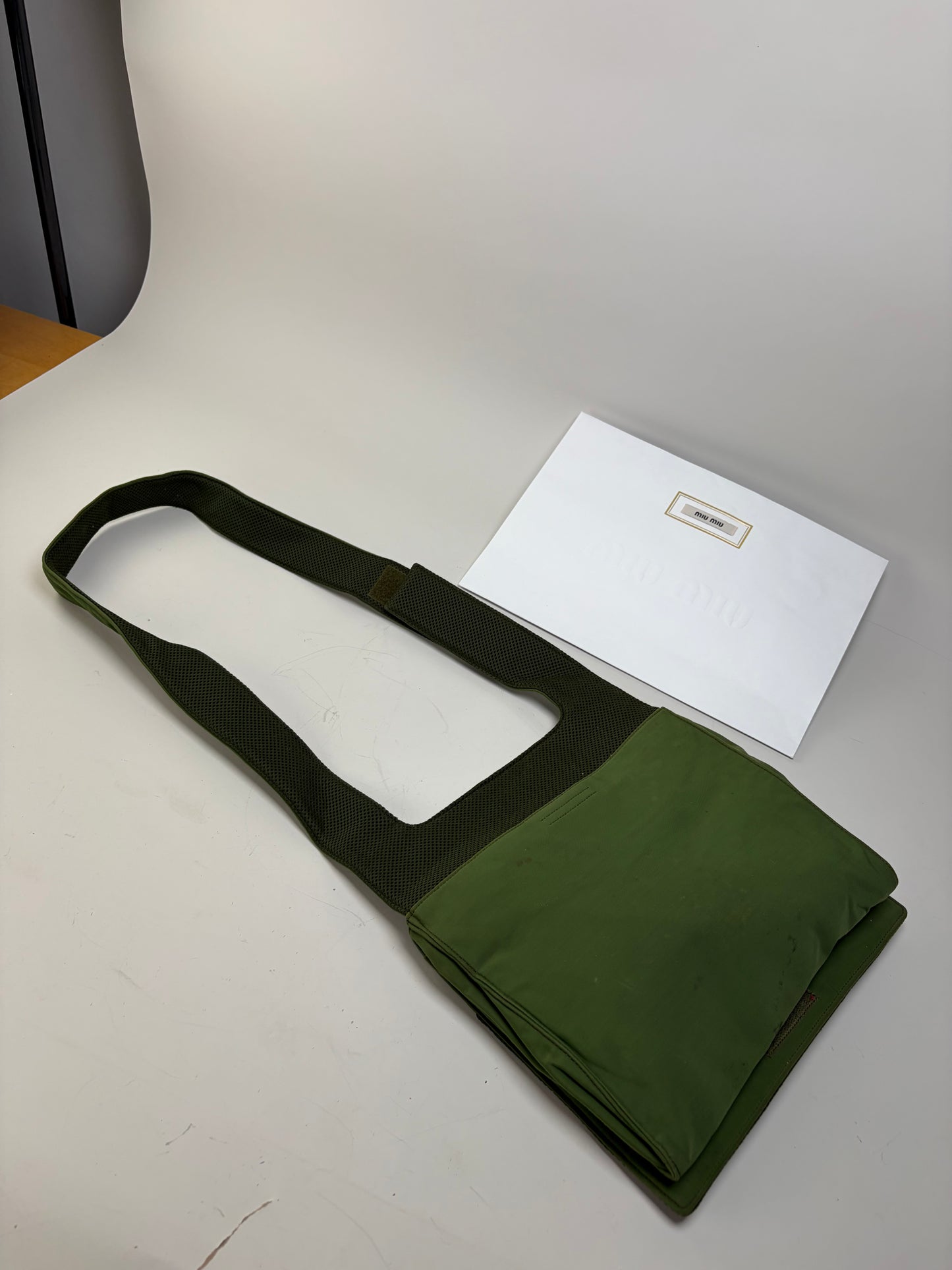 Vintage Miu Miu Mesh Nylon Shoulder Bag Olive Green Silver