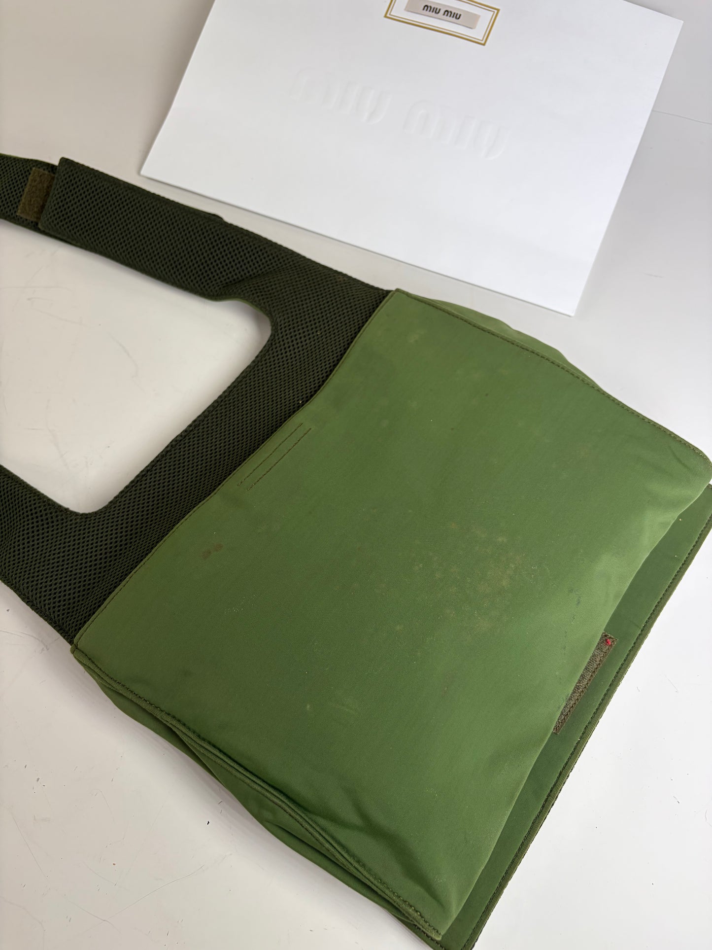 Vintage Miu Miu Mesh Nylon Shoulder Bag Olive Green Silver