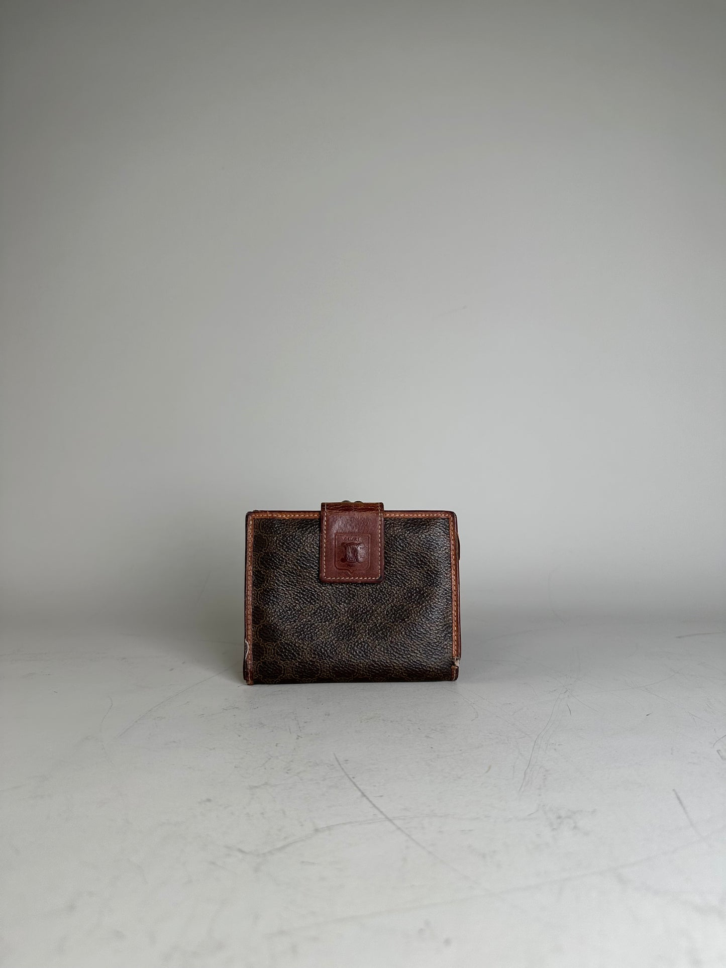 Vintage Celine Coated Canvas Wallet Dark Brown Tan Silver