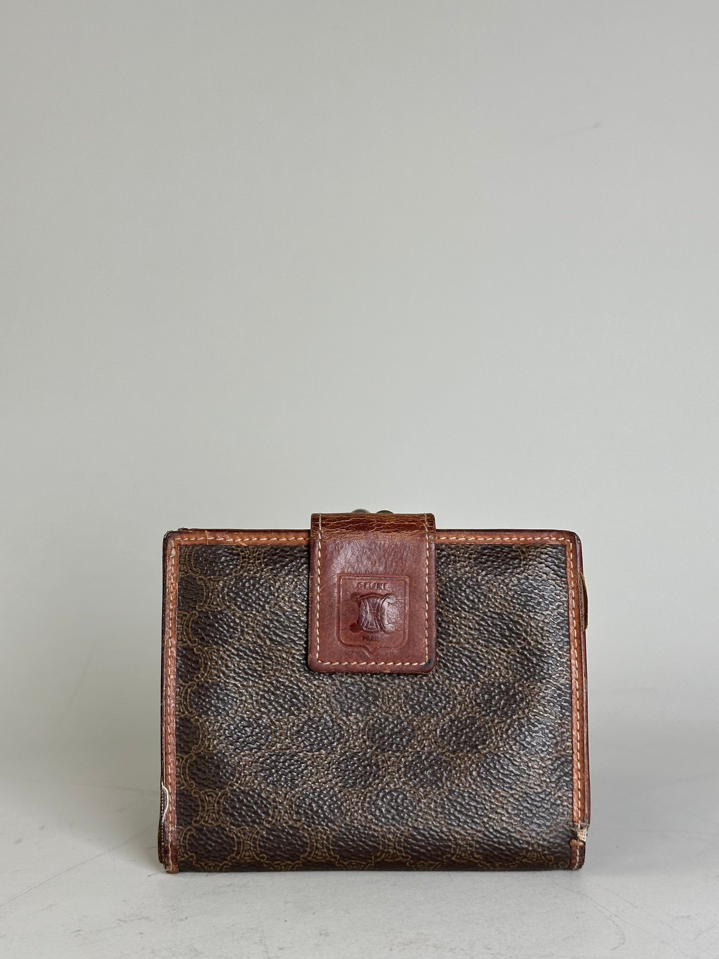 Vintage Celine Coated Canvas Wallet Dark Brown Tan Silver