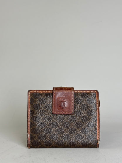 Vintage Celine Coated Canvas Wallet Dark Brown Tan Silver