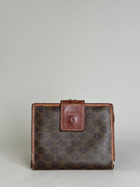 Vintage Celine Coated Canvas Wallet Dark Brown Tan Silver