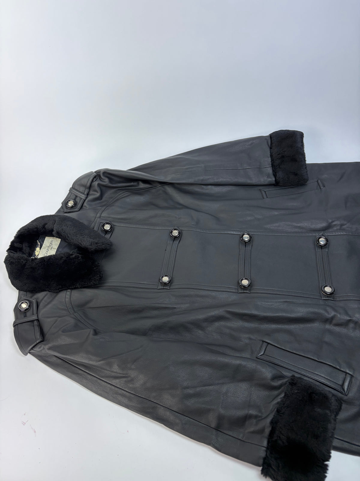 Vintage Courrèges Double-Breasted Leather Coat Faux Fur Black Grey approx. M